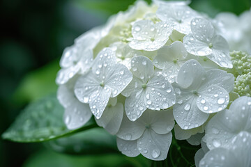 White Hydrangea Flowers with Dew Drops Macro