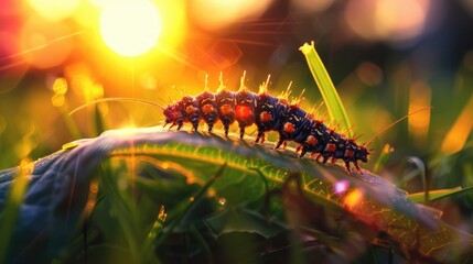 Close up of a caterpillar on a green leaf, suitable for nature and wildlife themes - Powered by Adobe