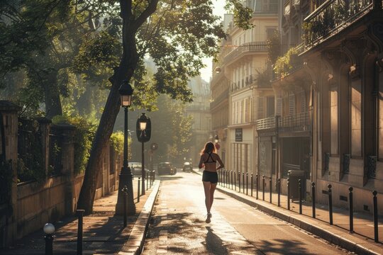 young woman jogging in the morning in the street of Paris wearing sport outfit. Healthy active lifestyle. 