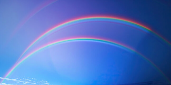 Vibrant double rainbow illuminates the serene sky, gently kissing the horizon as the setting sun casts a warm glow on the clouds below.