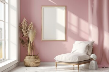 Mockup poster frame in luxury bedroom interior, 3d render, Magenta background.