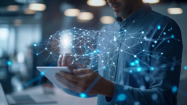 A man is holding a tablet and looking at a blue screen with a lot of lines