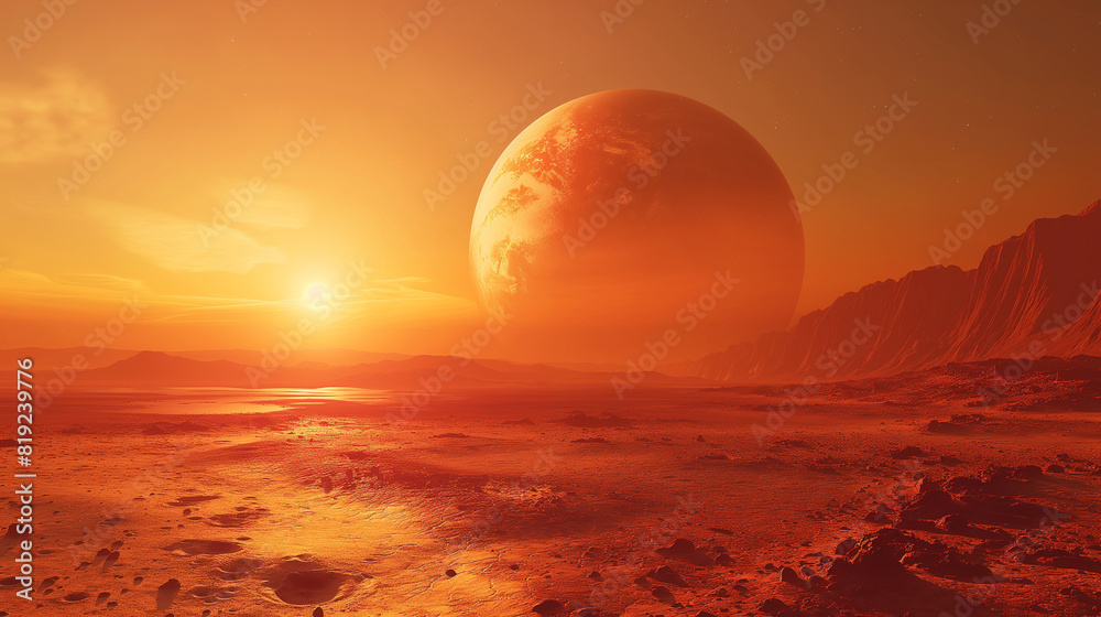 Wall mural three astronauts are walking across a desert planet