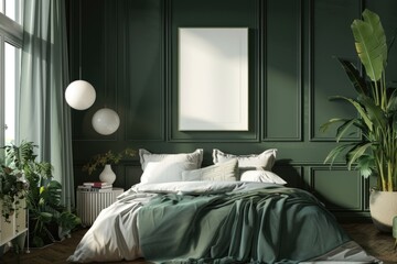 Mockup poster frame in luxury bedroom interior, 3d render, Olive background