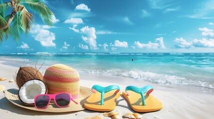 Colorful flipflopssunglasses and hat with coconuts on the beach by the sea in summer