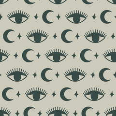 Bohemian seamless pattern with eyes, moon and stars. Minimalist mystical vector flat background