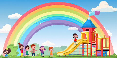 A rainbow arches over a playground, children laughing and playing beneath its bright colors