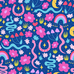 Fototapeta premium Seamless pattern with various flowers, snakes and horseshoes. Floral vector flat background