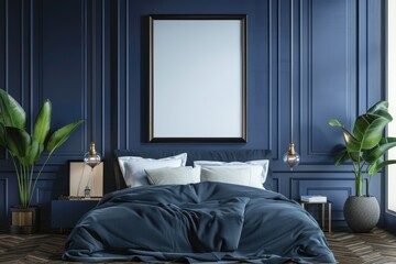  Mockup poster frame in luxury bedroom interior, 3d render, Sapphire background.