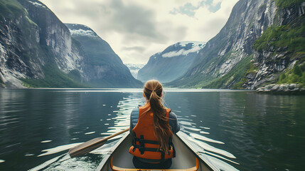 View from the back of a girl in a canoe floating on the water among the fjords. - Powered by Adobe