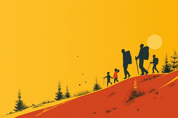 A charming 2D cartoon image of a family hiking up a hill, with trees and a clear sky, isolated on a solid yellow background, ideal for promoting family-friendly outdoor activities.
