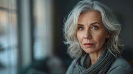 Fototapeta premium Reflective Senior Woman Gazing Through Window: A Portrait of Contemplation and Grace. Generative ai