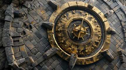 Obraz premium Ancient circular stone structure with intricate golden details, resembling a clock or astrolabe, set against a weathered wall.