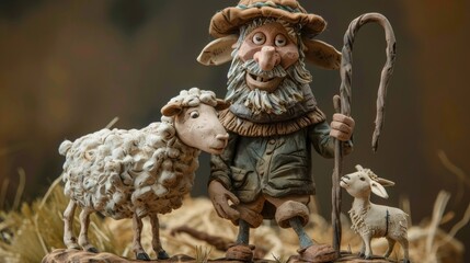 Modeling clay character. Shepherd and his sheep