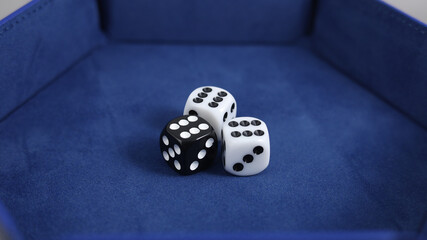 Three 6-sided dice on a blue tray for tabletop games