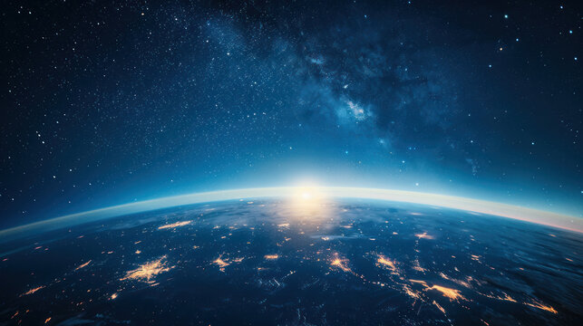 arth glowing in space, night sky with stars, planet Earth, dark blue background 