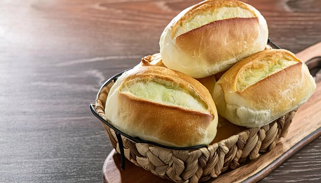 CESTO DE P&Atilde;O FRANC&Ecirc;S, P&Atilde;O MUITO COMUM NO BRASIL, TAMB&Eacute;M CONHECIDO COMO P&Atilde;O DE SAL, DISPOSTO EM MESA DE MADEIRA R&Uacute;STICA
