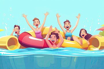 A cheerful 2D cartoon illustration of a family enjoying water slides and splash pools at a water park, isolated on a solid sky blue background, capturing the excitement of a summer day out.