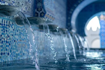 Detailed view of a water fountain adorned with blue and white tiles, showcasing intricate patterns and designs carved into the stone