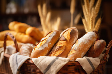 Variety of Freshly Baked French Breads in Basket Display