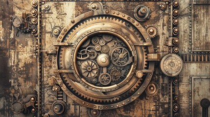 Obraz premium Intricate steampunk gears and cogs in a vintage mechanical background. Industrial design with antique details, capturing the essence of steampunk style.