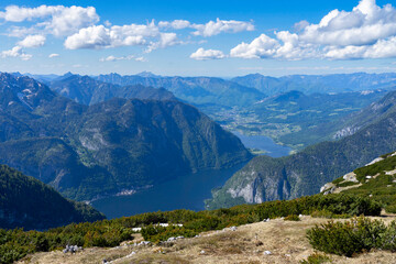 View from the mountain Krippenstein (Dachstein) over Hallstätter See and the landscape of Salzkammergut