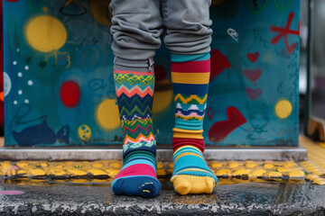 The lower half of a child standing at a bus stop, feet dressed in odd socks of different patterns and colors, highlighting the importance of embracing differences for Anti-Bullying Week 
