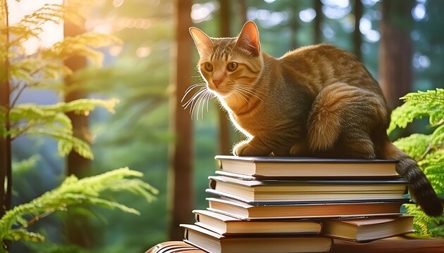 GATO DOM&Eacute;STICO TIGRADO EM MEIO A PILHAS DE LIVROS