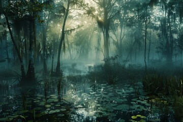 A swamp at dawn filled with water lilies, surrounded by mist, emphasizing the towering vegetation in the background