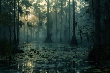 A swamp filled with water surrounded by trees, captured at dawn with mist hovering over the scene
