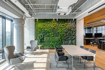 Modern eco-friendly office space featuring a lush living green wall, designed to promote employee wellness