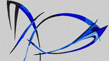 Piece of a drawing of a stylie looking design done in blue and gray, halftone, no humans