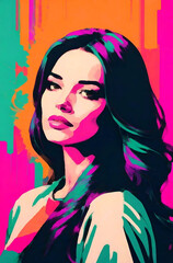 Painting of a woman with long, black hair, colorful background around her.