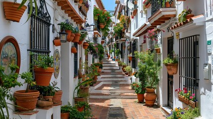 Fototapeta premium A narrow street is lined with potted plants and hanging from the balconies on either side of the buildings