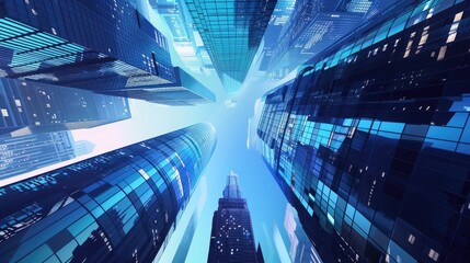 Modern skyscrapers of a smart city, futuristic financial district, graphic perspective of buildings and reflections