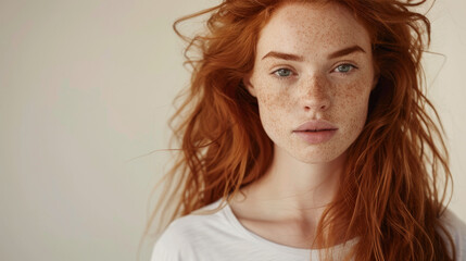 Naklejka premium A beautiful young red hair woman in a white t-shirt isolated on a light background