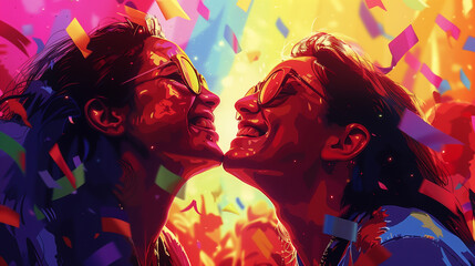 A vibrant pride parade scene where a lesbian couple joyfully embraces, surrounded by colorful flags, their laughter merging with the crowd's cheers, conveying a powerful message of love and acceptance