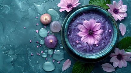 Obraz na płótnie Canvas Purple flowers in a bowl, lit candle, & blue table cloth