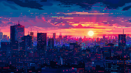 Obraz premium A beautiful cityscape with a sunset over the city.