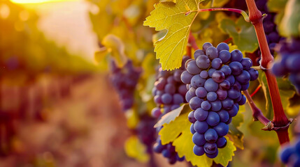 Ripe juicy purple grapes with green leaves on vine in vineyard at sunset in warm colors