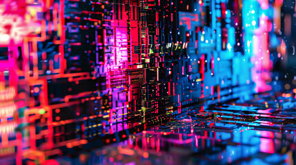 Abstract Digital Circuit Board with Neon Lights