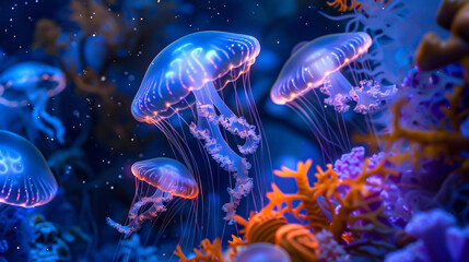 Glowing jellyfish in the dark ocean.