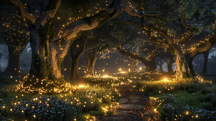 The photo shows a magical night forest with a lot of glowing mushrooms and fireflies.