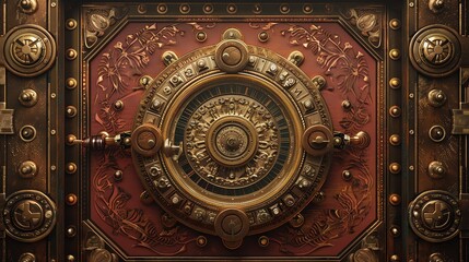 Obraz premium Intricate antique vault door with ornate design and golden details, showcasing excellent craftsmanship and historical significance