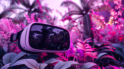 Virtual reality headset in the middle of the jungle with flowers and plants all around.