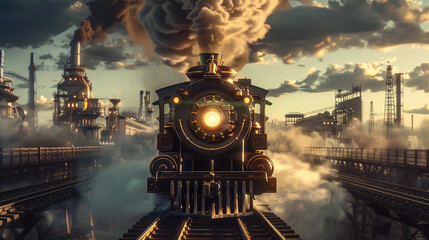 Steampunk train ride through a city