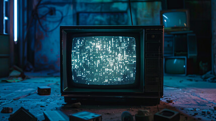 A photo of a retro television with static on the screen in an abandoned room.
