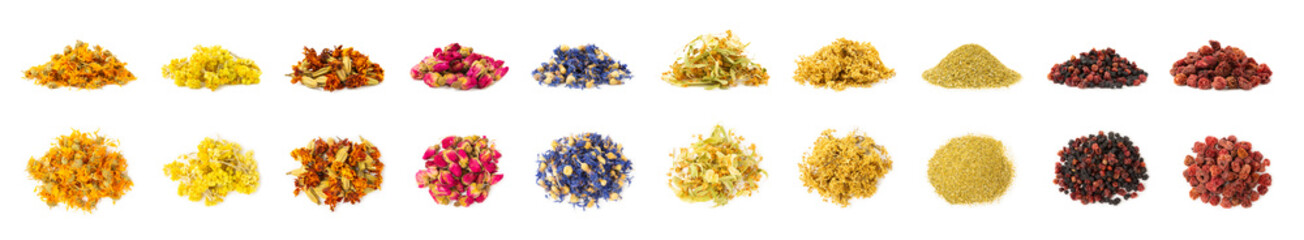 Assortment of dry herbal and berry tea isolated on a white background. Tea party concept. medicinal...