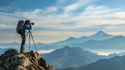 Mountain and nature photographer with his backpack and equipment on the mountain peak taking a photograph