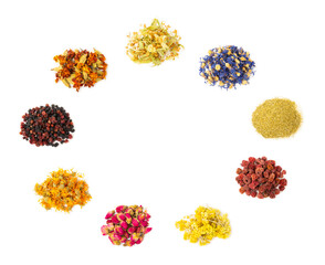 Assortment of dry herbal and berry tea isolated on a white background. Tea party concept. medicinal herbs. Healing herbs.Alternative medicine.Linden, calendula, cornflowers, marigold, tansy, tea rose.